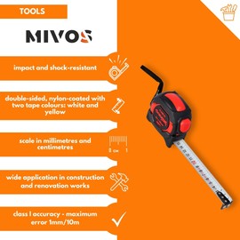MIVOS - Tape measure with double-sided printed tape - Tape measure magnetic hook and belt clip - Tape measure with ergonomic housing - CE and MID certification - 8 m x 25 mm