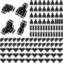 Hotop Push to Connect Fittings Air Line Pneumatic Fittings Kit Quick Release Pneumatic Connectors Air Line Splitters Elbows Tee Straight Tubes(60 Pcs,Black,1/4 Inch Od)