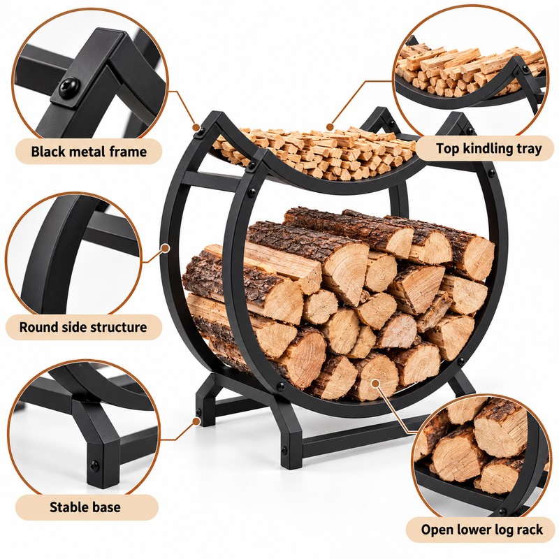 2-Tier Round Metal Firewood Rack – Heavy-Duty Fireplace Log Holder