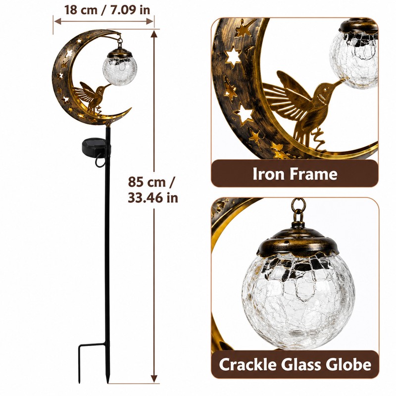 Solar Hummingbird Moon Garden Light – Crackle Glass LED Stake,