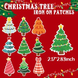 9 piezas de parches para planchar para árbol de Navidad, diseño de búfalo a rayas con parte superior de estrella, árbol de pino de Navidad, para coser y reparar, apliques bordados, lindos festivos