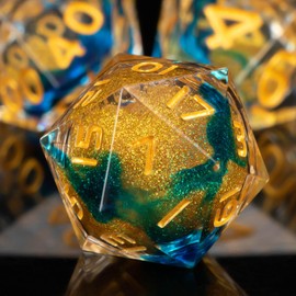 KERWELLSI Liquid Core Resin DND Dice, Blue Gold Dungeons and Dragons Sharp Edge Dice Set D&D with Gifts Box, 7 Piece Polyhedral Role Playing RPG D and D Dice D20 D12 D10 D8 D6 D4