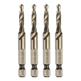 sourcing map 4pcs Combination Drill and Tap Bits Metric M5 x 0.8 Thread 1/4" Hex Shank Roasted Yellow Threading Screw Taps 6542 High Speed Steel Machine Drilling Tapping Tool Kit