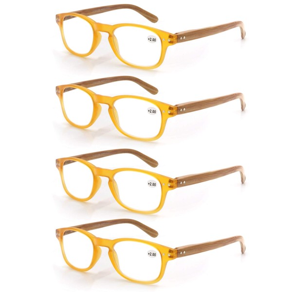 Paquete de 4 gafas de lectura de moda con bisagras de resorte de aspecto de madera para lectores elegantes hombres y mujeres, 4 amarillo, M