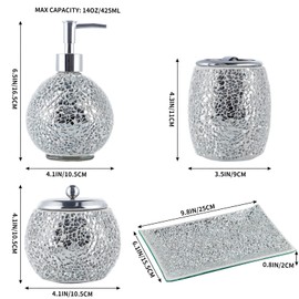 Sanbege 4 Pcs Mosaic Glass Bathroom Accessories Set, Modern Luxury Bath Ensemble, Includes Soap Dispenser, Cotton Swab Jar, Toothbrush Holder, Vanity Tray (Shiny Blue)