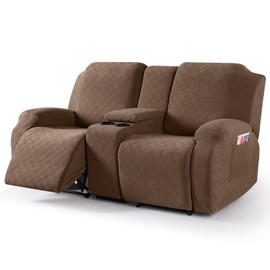 VANSOFY Recliner Loveseat Cover with Middle Console Stretch Reclining Sofa Slipcover for 2 Seat Jacquard Reclining Couch Sofa Covers Furniture Protector with Elastic Straps Bottom (Coffee)