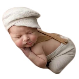 Coberllus Newborn Monthly Baby Photo Props Stripe Checked Fabric Flat Cap Newsboy Cap & Suspender Pants Romper for Photography Outfits (Light Beige)