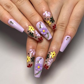 LPOODDNU Flowers Press on Nails Medium Coffin Fake Nails Glossy Purple Acrylic Nails Colorful Spring Daisy Glue on Nails Cute Stick on Nails Medium Length Nail Tips Press ons for Women Manicure 24Pcs