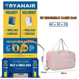 for Ryanair Airlines Cabin Bag 40x20x25 Underseat Foldable Travel Duffel Bag Holdall Tote Carry on Hand Luggage Overnight for Women and Men 20L (Pink (with Shoulder Strap))