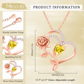 Mezvth Rose Flower Heart Birthstone Necklaces Sterling Silver Rose Jewelry Love Heart Birthstone Necklace Pendant Necklaces Gift for Mothers Day Valentines Birthday (NL-Rose-11)