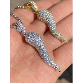 HarlemBling Solid 925 Sterling Silver - Natural Or 14k Gold Finish - Italian Lucky Horn Cornicello Pendant - Large 2" Iced Hip Hop Piece Great For Any Necklace (14k Yellow Gold)