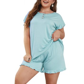 Celkuser CEL1002 - Conjunto de pijama corto con mangas con volantes y botones para mujer, Azul (Babyblue), 4X-Large Plus