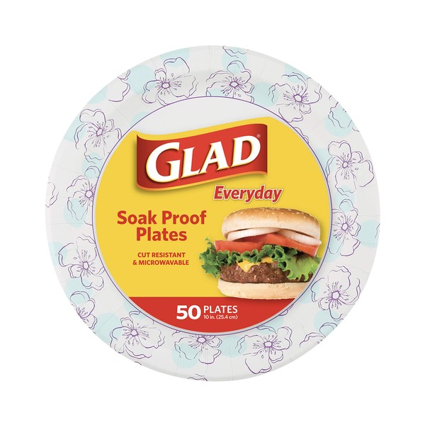 Glad Round Disposable Paper Plates 10 in, Blue Flower|Soak Proof, Cut Proof, Microwave Safe Heavy Duty Paper Plates 10"|50 Count Bulk Paper Plates, Paper Plates 10 Inch, Bulk for Parties and Occasions