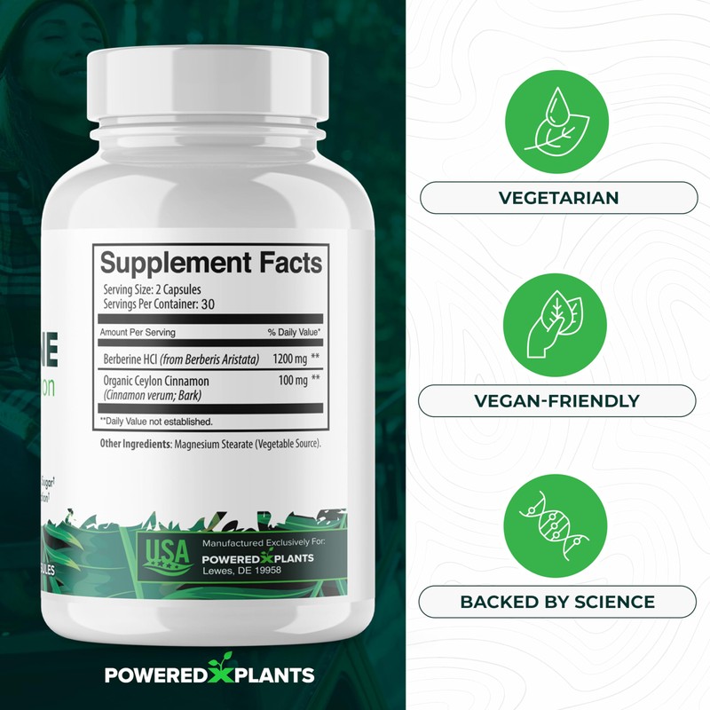POWERED X PLANTS Pure Berberine Supplement - 1300mg Berberine with