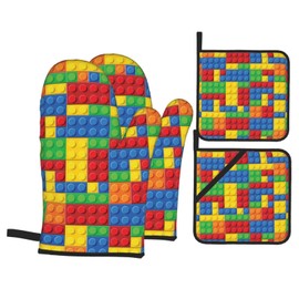 Colorful Bricks Oven Mitts and Potholders Professional Heat Resistant Cotton Oven Mitts Kitchen Gloves 4 Piece Set