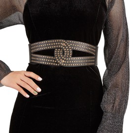 CWCYYDSYY Women's Studded Vintage Wide Waistband Cinch Belts Rivet Elastic Fashion Leather Stretchy for Dresses (Black-1)