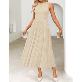 ZESICA Women's 2025 Summer Sleeveless Midi Dresses Crewneck Knit Pleated A Line Swing Casual Basic Tank Long Dress, Apricot, M