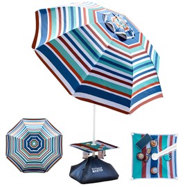 OutdoorMaster Beach Umbrellas with Sandbag & Anchor with 4 Cup Holder, 6.5ft Adjustable Umbrella for Beach Heavy Duty Wind, Portable UPF50+ Sunshade with Carry Bag for Patio,Blue Red with Cup Holder