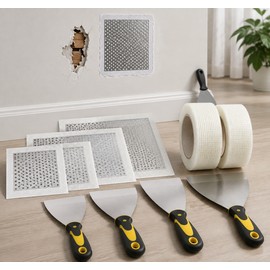 Drywall Repair Kit, 3pcs Aluminum Wall Repair Patch, 20M Fiberglass Mesh Tape for Wall Repair,2/3/4/5 Inch Stainless Steel Putty Knife Scraper Shovel Paint Tools
