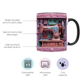 YouNique Designs Sewing 3D Mug 11oz, Sewing Gifts for Women, Quilting Gifts, Sewing Gifts for Quilters, Quilting Gifts for Quilters, Sewing Machine Cup, Gifts for People Who Like To Sew (Black Handle)