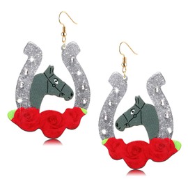 Kentucky Derby Race Horse for Women Glitter Acrylic Rhinestone Horseshoe Rose Drop Dangle Earrings Jewelry Gift for Horse Racing Fan (silver horseshoe earrings)