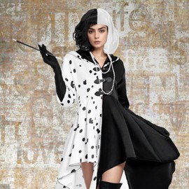 Suffolly Deville Costume Adult Adult World Book Day Costumes 6PCS Deville Costume Set with Black and White Wig,Dress,Necklace,Bracelet,Rod,Gloves,Shawl Costumes for World Book Day (Women, M)