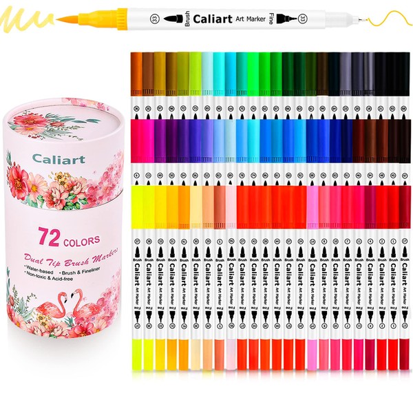 Caliart Markers for Adult Coloring, 72 Dual Tip Brush Pen Art Markers, Water Based Numbered (Fine & Brush Tip), Halloween Lettering Drawing Sketching Journaling Office School Teacher Supplies