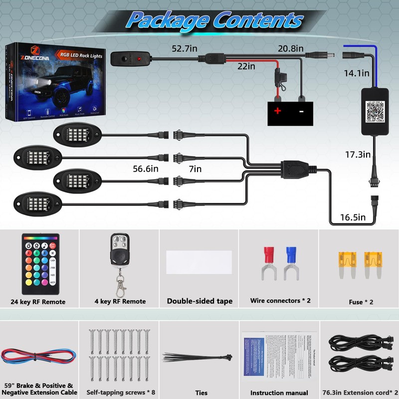 ZONECONA 4Pods RGB LED Rock Lights Kit with APP/RF Remote