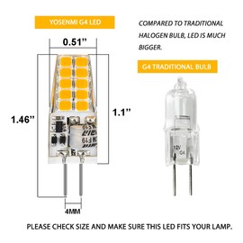 Yosenmi G4 LED Bulb 3W Equivalent to 20W T3 JC Type Bi-Pin G4 Base Halogen Bulb, AC/DC 12V Natural Daylight White 4000K Non-Dimmable G4 Light Bulb 10-Pack