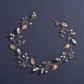 Lenjicons Golden Rhinestone Leaf Headband Faux Pearls Rhinestone Beads Bridal Hair Vine Leaf Pearls Wedding Hair Vine Handmade Bridal Headpiece for Women