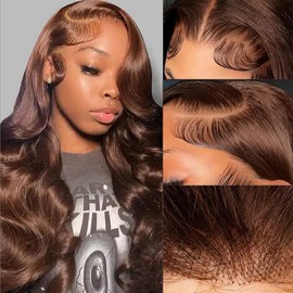 IVYJOYNA 24Inch 200% Density Chocolate Brown Lace Front Wig Human Hair 13x4 HD Lace Frontal Wigs Body Wave Lace Front Wigs Human Hair Pre Plucked for Black Women 4# Brown Wig