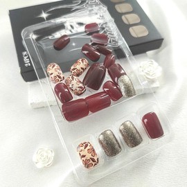 Short Press on Nails Square Fake Nails with Flower Glitter Designs Fall Nails Press ons Glossy Glue on Nails Brown Acrylic Nails Full Cover False Nails Artificial Stick on Nails for Women 24Pcs