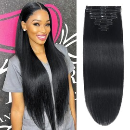 Black Clip in Hair Extensions Real Human Hair 20in Jet Black Hair Extensions Clip in Human Hair Natural Silky Straight for Black Women Full Head Set 8pcs