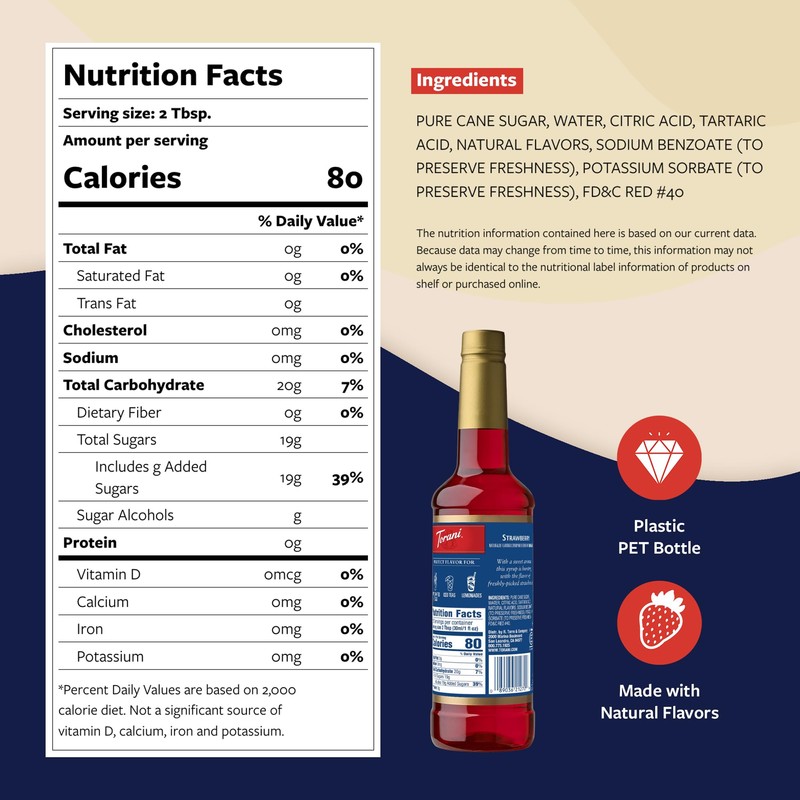 Torani Strawberry Syrup for Drinks, Flavoring for Iced Tea, Lemonade,