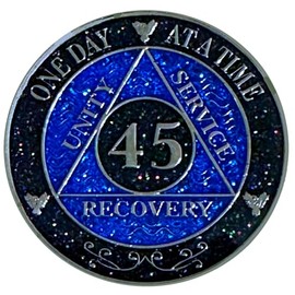 AA 45-Year Shiny Fancy Glitter Recovery Medallion, Alcoholics Anonymous Recovery Sober Silver Color Metal Coin, Shiny Blue And Black Rainbow Glitter, AA Sobriety Chip