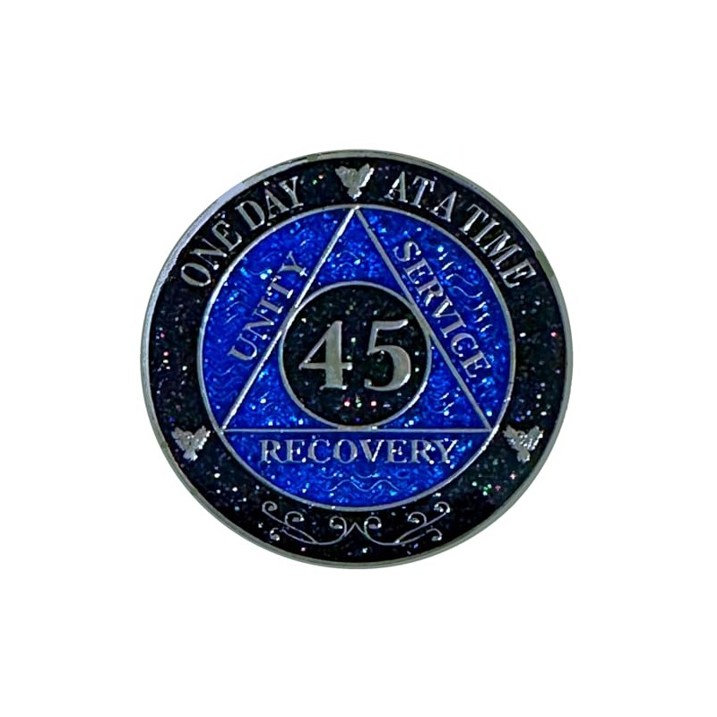 AA 45-Year Shiny Fancy Glitter Recovery Medallion, Alcoholics Anonymous Recovery