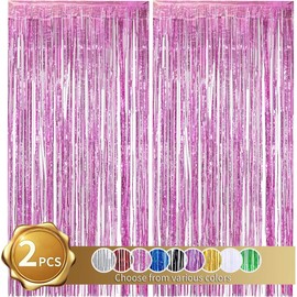 TONIFUL 2 Pack Pink Foil Fringe Curtains Tinsel Metallic Streamer Curtains for Photo Props Background Birthday Christmas Photo Backdrop Wedding Bridal Shower Party Decorations(3.28 ft x 6.56 ft)