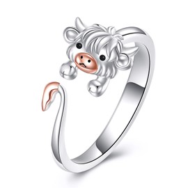 LWQQWL Highland Cow Ring for Women Sterling Silver Cow Open Adjustable Ring Jewelry Gifts Size 7