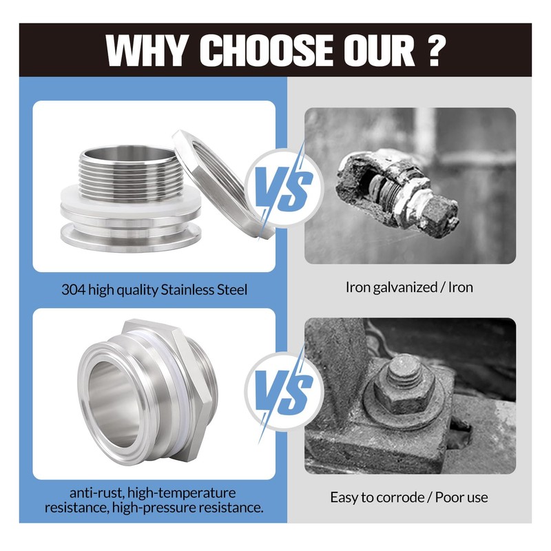 Worldwhere 1.5" Tri Clamp Bulkhead Compression Fittings,Stainless Steel 304 Homebrew