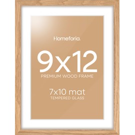Homeforia 9x12 Picture Frame Wood, High End Natural Oak 9 x 12 Light Wooden Frames with Mat 7 by 10 Photo, 9by12 Frame Matted to 7x10 Print, Wall or Tabletop Frames, Tempered Glass, Wall Kit, Set of 1