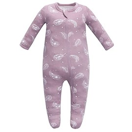 Owlivia Organic Cotton Baby Pajamas, Boys Girls Zip Front Sleep 'N Play, Footed Sleeper, Long Sleeve(3-6 Months, Feather Mauve)