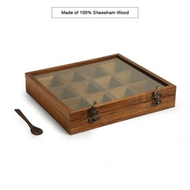 ExclusiveLane 'Medley of Masalas' Handcrafted Indian Spice Box With Spoon In Sheesham Wood (12 Removable Containers, 80 ml) - Masala Dabba Wooden Masala Box Spice Boxes For Kitchen