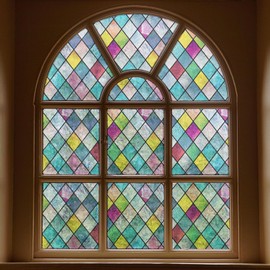 FEOMOS Stained Glass Window Film, Window Privacy Films, Colorful Lattice Window Tint, Rainbow Glass Decals Stickers for Home Anti UV 11.8x157.4 inches