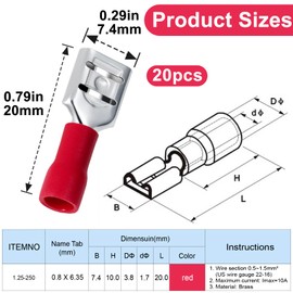 ANCIRS 20pcs 1/4" Female Spade Connectors, Quick Disconnect Insulated Spade Wire Connector Assortment Kit, Female Electrical Crimp Terminals, 22-16 AWG, Red