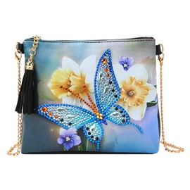 VETPW 5D Butterfly Diamond Pasted Cross Body Bag, Diamond Painting Leather Coin Purse Zip Handbag, DIY Diamond Painting Clutch Bag, Makeup Shoulder Bag for Party Travel, blue