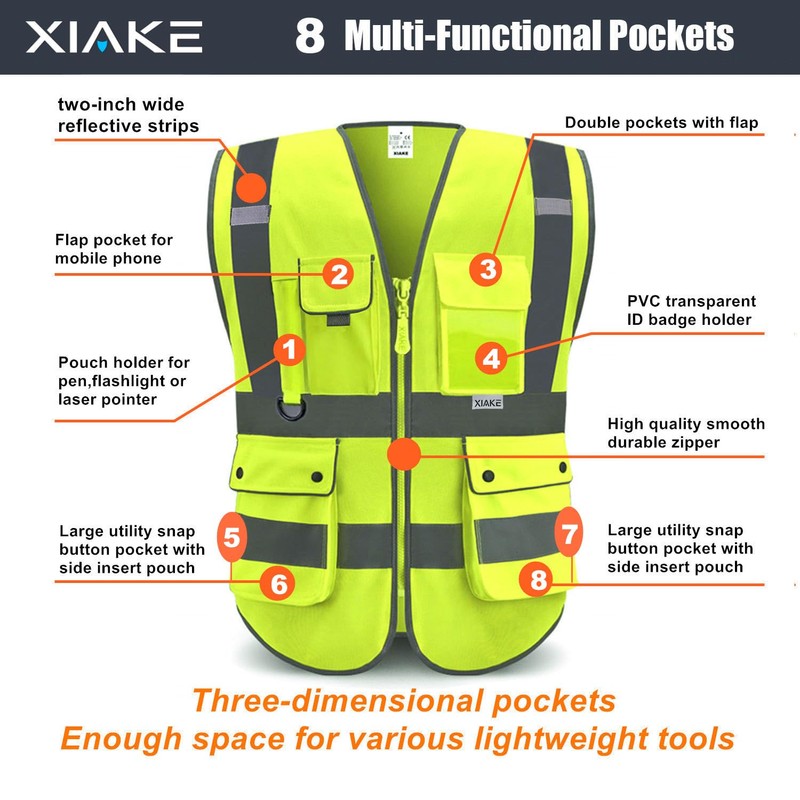 XIAKE 8 Pockets High Visibility Class 2 Reflective Safety Vest