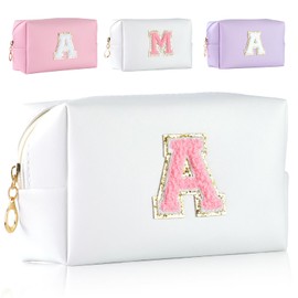 MSQ Personalisierte Make-up Tasche für Frauen,A-Z Initialen wasserfeste Reise Kosmetiktasche aus Leder,Geburtstagsgeschenk für Frauen und Mädchen (Buchstaben A) Weiß