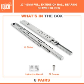 TOUCH Drawer Slides (6 Pairs, 22 Inch 550mm) Full Extension Side Mount Ball Bearing 3 Folds Metal Rails Track Guide Glides Runners Heavy Duty Drawer Dresser Kitchen, 75 LB Capacity