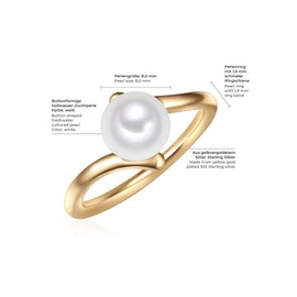 Valero Pearls Women's Ring Wave Sterling Silver 925 Freshwater Cultured Pearls Button 8 mm White - Modern Ring for Women Pearl Ring Freshwater Pearl, Silver