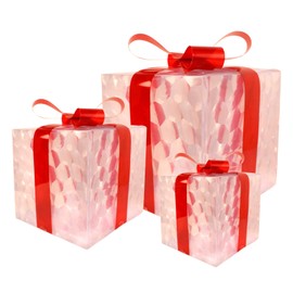 Set of 3 Christmas Lighted Gift Boxes, 60 LED Light Up Present Boxes Ornament, Transparent Warm White Gift Boxes Decorations for Indoor Christmas Tree, Home, Yard, Lawn (Red)